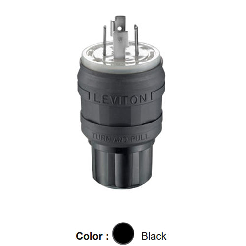 Leviton 26W75-B, Wetguard Watertight Locking Plug, Industrial Grade, 3-Phase, 20A 250V, NEMA L15-20P, 3-Pole, 4-Wire, Grounding, Black