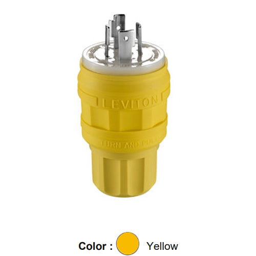 Leviton 26W75, Wetguard Watertight Locking Plug, Industrial Grade, 3-Phase, 20A 250V, NEMA L15-20P, 3-Pole, 4-Wire, Grounding, Yellow