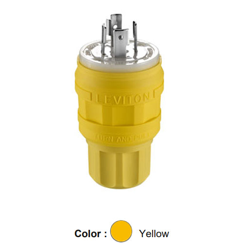 Leviton 26W76, Wetguard Watertight Locking Plug, Industrial Grade, 3-Phase, 20A 480V, NEMA L16-20P, 3-Pole, 4-Wire, Grounding, Yellow