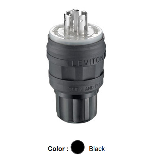 Leviton 26W81-B, Wetguard Watertight Locking Plug, Industrial Grade, 3-Phase Y, 20A 120/208V, NEMA L21-20P, 4-Pole, 5-Wire, Grounding, Black