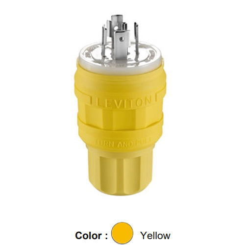 Leviton 26W83, Wetguard Watertight Locking Plug, Industrial Grade, 3-Phase Y, 20A 347/600V, NEMA L23-20P, 4-Pole, 5-Wire, Grounding, Yellow