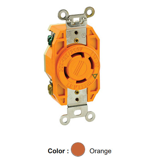 Leviton 2710-IG, Flush Mount Locking Receptacle, Industrial Grade, 30A 125/250V, NEMA L14-30R, 3-Pole, 4-Wire, Isolated Ground, Orange