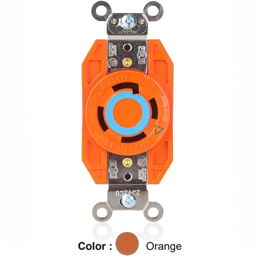 Leviton 2720-IG, Flush Mount Locking Receptacle, Industrial Grade, 30A 250V, 3-Phase, NEMA L15-30R, 3-Pole, 4-Wire, Isolated Ground, Orange