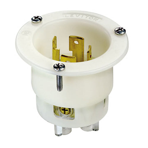 Leviton 2725, Locking Flanged Inlet, Industrial Grade, 30A 250V, 3-Phase, NEMA L15-30P, 3-Pole, 4-Wire, Grounding, White