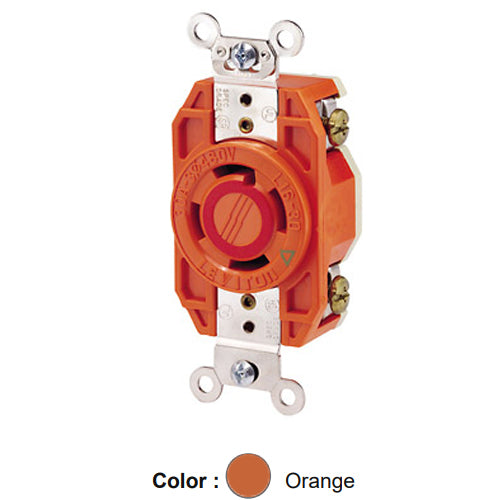 Leviton 2730-IG, Flush Mount Locking Receptacle, Industrial Grade, 30A 480V, 3-Phase, NEMA L16-30R, 3-Pole, 4-Wire, Isolated Ground, Orange