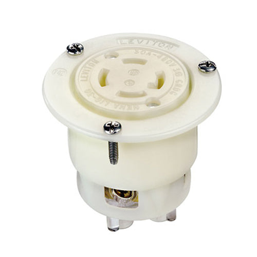Leviton 2736, Flanged Outlet Locking Receptacle, Industrial Grade, 30A 480V, 3-Phase, NEMA L16-30R, 3-Pole, 4-Wire, Grounding, White