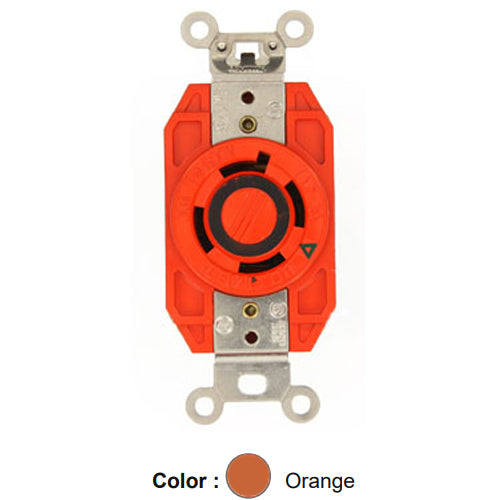 Leviton 2740-IG, Flush Mount Locking Receptacle, Industrial Grade, 30A 600V, 3-Phase, NEMA L17-30R, 3-Pole, 4-Wire, Isolated Ground, Orange