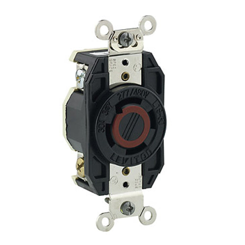 Leviton 2760, Flush Mount Locking Receptacle, Industrial Grade, 30A 277/480V, 3-Phase Y, NEMA L19-30R, 4-Pole, 4-Wire, Non-Grounding, Black