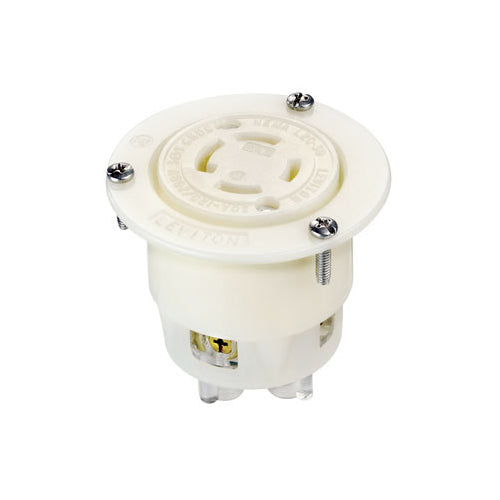 Leviton 2776, Flanged Outlet Locking Receptacle, Industrial Grade, 3-Phase Y, 30A 347/600V, NEMA L20-30R, 4-Pole, 4-Wire, Non-Grounding, White