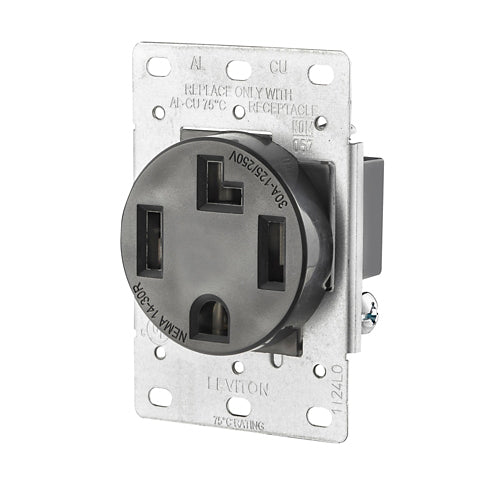 Leviton 278-S00, Straight Blade Flush Mount Outlet/Receptacle, 30A 125/250V, NEMA 14-30R, 3-Pole, 4-Wire, Grounding, Side Wired, Steel Strap, Black