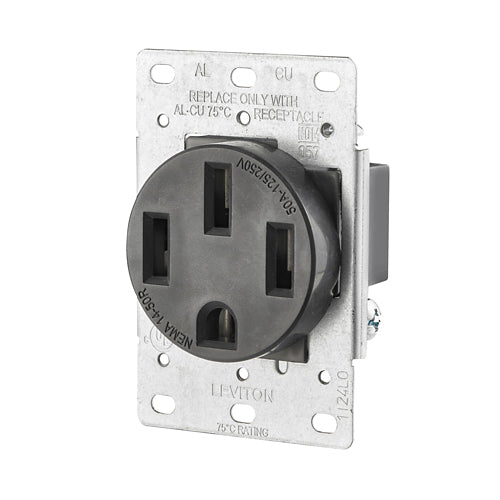 Leviton 279-S00, Straight Blade Flush Mount Outlet/Receptacle, 50A 125/250V, NEMA 14-50R, 3-Pole, 4-Wire, Grounding, Black