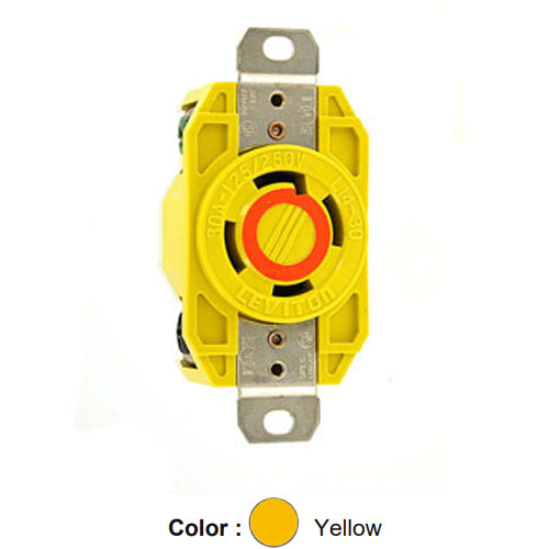 Leviton 27CM-10, Flush Mount Locking Receptacle, Industrial Grade, Corrosion Resistant, 30A 125/250V, NEMA L14-30R, 3-Pole, 4-Wire, Grounding, Yellow