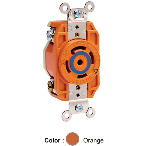 Leviton 2810-IG, Flush Mount Locking Receptacle, Industrial Grade, 30A 120/208V, 3-Phase Y, NEMA L21-30R, 4-Pole, 5-Wire, Isolated Ground, Orange