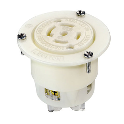 Leviton 2816, Flanged Outlet Locking Receptacle, Industrial Grade, 30A 120/208V, 3-Phase Y, NEMA L21-30R, 4-Pole, 5-Wire, Grounding, White