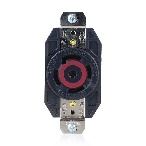 Leviton 2820, Flush Mount Locking Receptacle, Industrial Grade, 30A 277/480V, 3-Phase Y, NEMA L22-30R, 4-Pole, 5-Wire, Grounding, Black