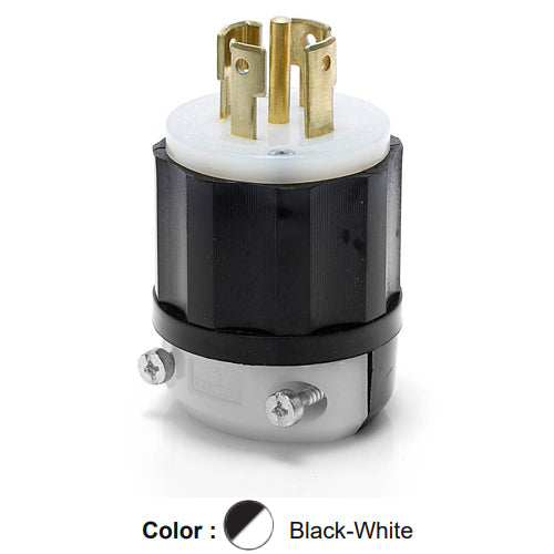 Leviton 2821, Locking Plug, Industrial Grade, 30A 277/480V, 3-Phase Y, NEMA L22-30P, 4-Pole, 5-Wire, Grounding, Black/White