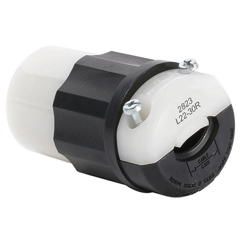 Leviton 2823, Locking Connector, Industrial Grade, 30A 277/480V, 3-Phase Y, NEMA L22-30R, 4-Pole, 5-Wire, Grounding, Black/White