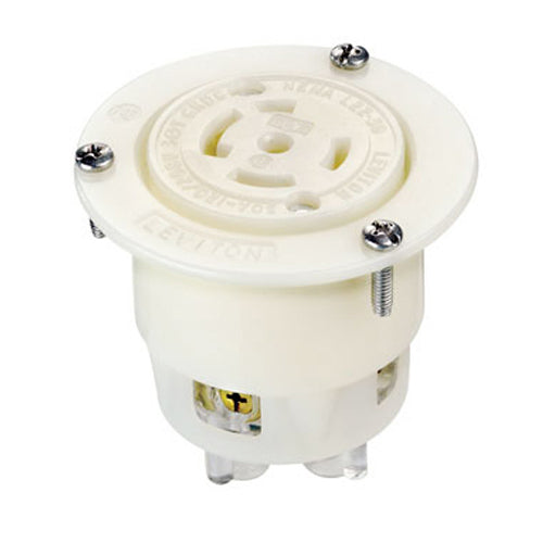 Leviton 2826, Flanged Outlet Locking Receptacle, Industrial Grade, 30A 277/480V, 3-Phase Y, NEMA L22-30R, 4-Pole, 5-Wire, Grounding, White