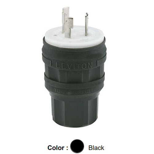 Leviton 28W47-B, Wetguard Watertight Locking Plug, Industrial Grade, 30A 125V, NEMA L5-30P, 2-Pole, 3-Wire, Grounding, Black