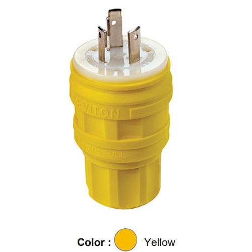 Leviton 28W47, Wetguard Watertight Locking Plug, Industrial Grade, 30A 125V, NEMA L5-30P, 2-Pole, 3-Wire, Grounding, Yellow