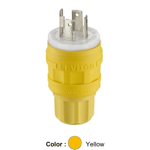 Leviton 28W74, Wetguard Watertight Locking Plug, Industrial Grade, 30A 125/250V, NEMA L14-30P, 3-Pole, 4-Wire, Grounding, Yellow