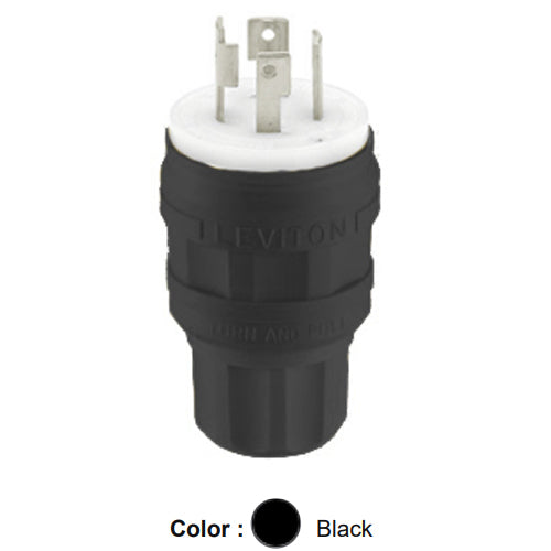 Leviton 28W75-B, Wetguard Watertight Locking Plug, Industrial Grade, 3-Phase, 30A 250V, NEMA L15-30P, 3-Pole, 4-Wire, Grounding, Black