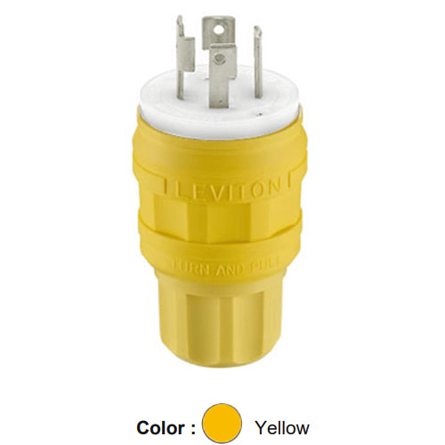 Leviton 28W75, Wetguard Watertight Locking Plug, Industrial Grade, 3-Phase, 30A 250V, NEMA L15-30P, 3-Pole, 4-Wire, Grounding, Yellow