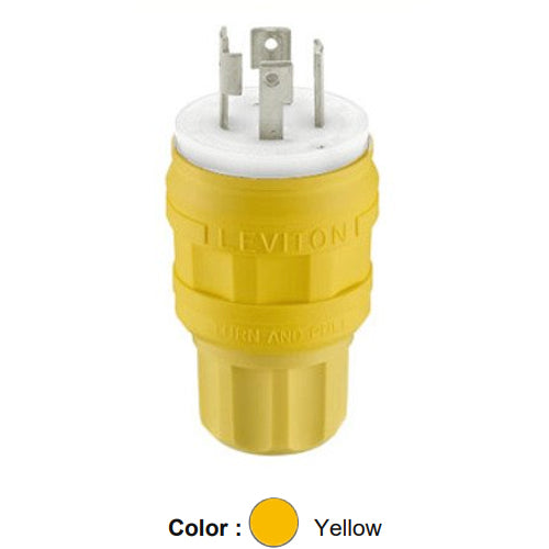 Leviton 28W76, Wetguard Watertight Locking Plug, Industrial Grade, 3-Phase, 30A 480V, NEMA L16-30P, 3-Pole, 4-Wire, Grounding, Yellow