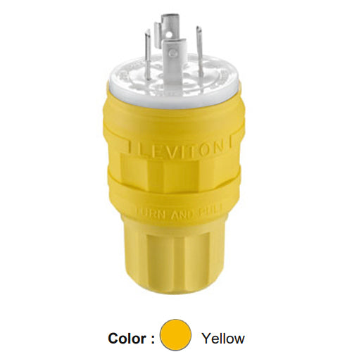 Leviton 28W77, Wetguard Watertight Locking Plug, Industrial Grade, 3-Phase, 30A 600V, NEMA L17-30P, 3-Pole, 4-Wire, Grounding, Yellow