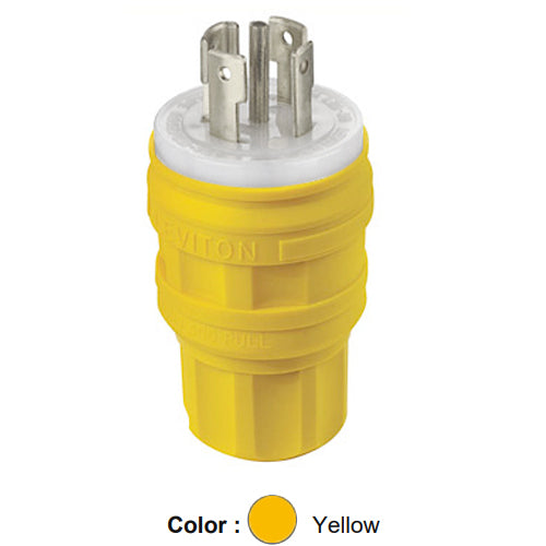 Leviton 28W81, Wetguard Watertight Locking Plug, Industrial Grade, 3-Phase Y, 30A 120/208V, NEMA L21-30P, 4-Pole, 5-Wire, Grounding, Yellow