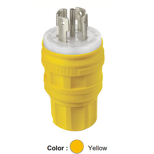 Leviton 28W83, Wetguard Watertight Locking Plug, Industrial Grade, 3-Phase Y, 30A 347/600V, NEMA L23-30P, 4-Pole, 5-Wire, Grounding, Yellow