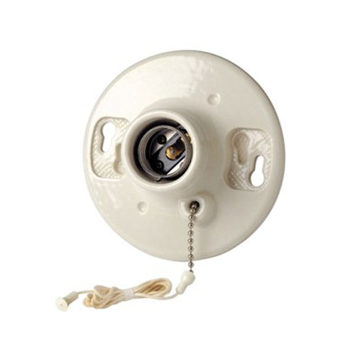 Leviton 29816-C2, Glazed Porcelain Outlet Box Mount Incandescent Lampholder, Medium Base, One-Piece, Pull Chain, Single Circuit, 660W/250V, Top Wired, 6 Inch Pigtail Leads, White