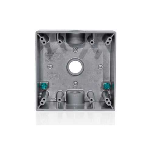 Leviton 2GM53-GY, 2-Gang Die-Cast Weatherproof Box with Three 1/2'' Diameter Outlets, Includes Mounting Hardware and Inserts to Cover Unused Openings, Gray