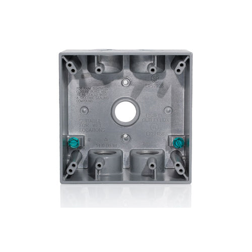 Leviton 2GM55-GY, 2-Gang Die-Cast Weatherproof Box with Five 1/2'' Diameter Outlets, Includes Mounting Hardware and Inserts to Cover Unused Openings, Gray