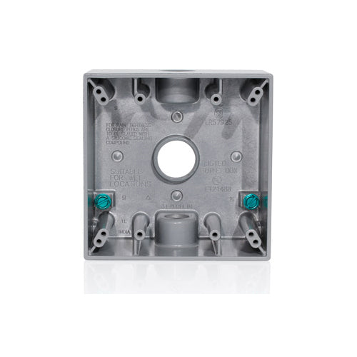 Leviton 2GM73-GY, 2-Gang Die-Cast Weatherproof Box with Three 3/4'' Diameter Outlets, Includes Mounting Hardware and Inserts to Cover Unused Openings, Gray