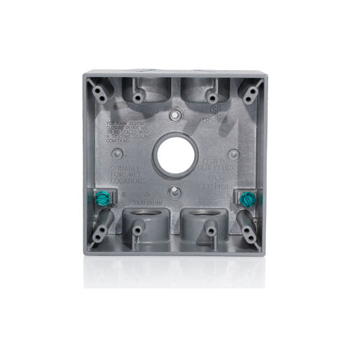 Leviton 2GM75-GY, 2-Gang Die-Cast Weatherproof Box with Five 3/4'' Diameter Outlets, Includes Mounting Hardware and Inserts to Cover Unused Openings, Gray
