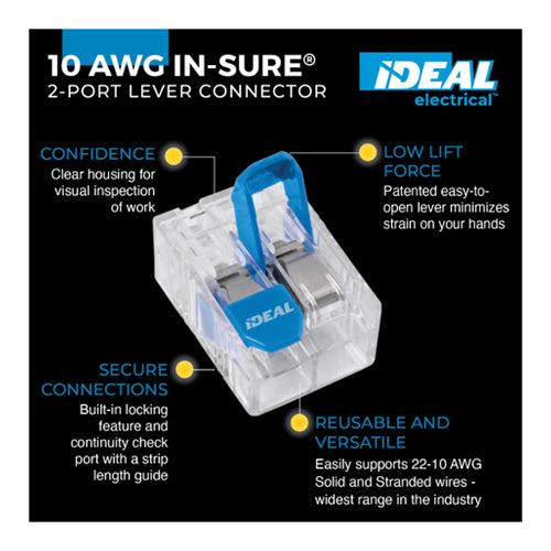 Ideal Industries 30-10L32, In-Sure® Lever Wire Connector, 2-Port, Blue, 10 AWG, Box of 100