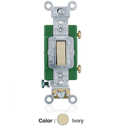 Leviton 3031-2I, Standard Single-Pole AC Quiet Toggle Switch, Extra Heavy-Duty Industrial Specification Grade, 30A 120/277V AC, Back & Side Wired, Self-Grounding, Ivory