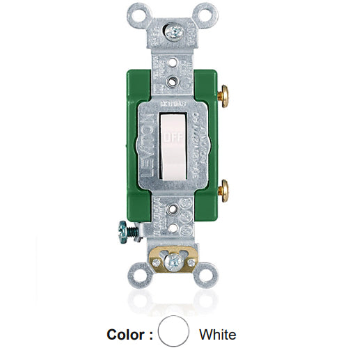 Leviton 3031-2W, Standard Single-Pole AC Quiet Toggle Switch, Extra Heavy-Duty Industrial Specification Grade, 30A 120/277V AC, Back & Side Wired, Self-Grounding, White