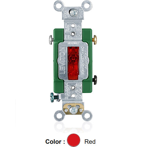 Leviton 3031-PLR, Illuminated ON Single-Pole AC Quiet Toggle Switch, Pilot Light, Requires a Neutral Wire, Industrial Grade, 30A 120V AC, Self Grounding, Back & Side Wired, Red