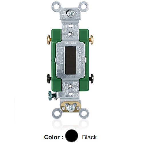 Leviton 3032-2E, Standard Double Pole AC Quiet Toggle Switch, Extra Heavy-Duty Industrial Specification Grade, 30A 120/277V AC, Self Grounding, Back & Side Wired, Black