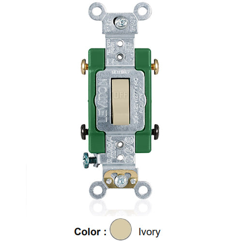 Leviton 3032-2I, Standard Double Pole AC Quiet Toggle Switch, Extra Heavy-Duty Industrial Specification Grade, 30A 120/277V AC, Self Grounding, Back & Side Wired, Ivory