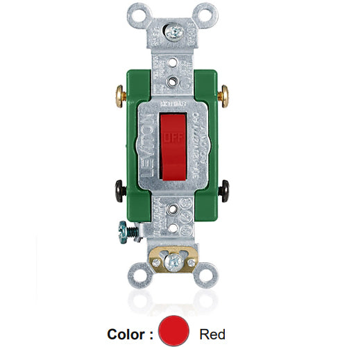 Leviton 3032-2R, Standard Double Pole AC Quiet Toggle Switch, Extra Heavy-Duty Industrial Specification Grade, 30A 120/277V AC, Self Grounding, Back & Side Wired, Red