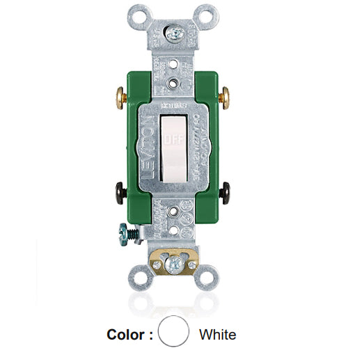 Leviton 3032-2W, Standard Double Pole AC Quiet Toggle Switch, Extra Heavy-Duty Industrial Specification Grade, 30A 120/277V AC, Self Grounding, Back & Side Wired, White