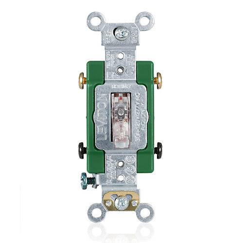 Leviton 3032-PLC, Illuminated ON Double Pole AC Quiet Toggle Switch, Pilot Light, Requires a Neutral Wire, Industrial Grade, 30A 120V AC, Self Grounding, Back & Side Wired, Clear