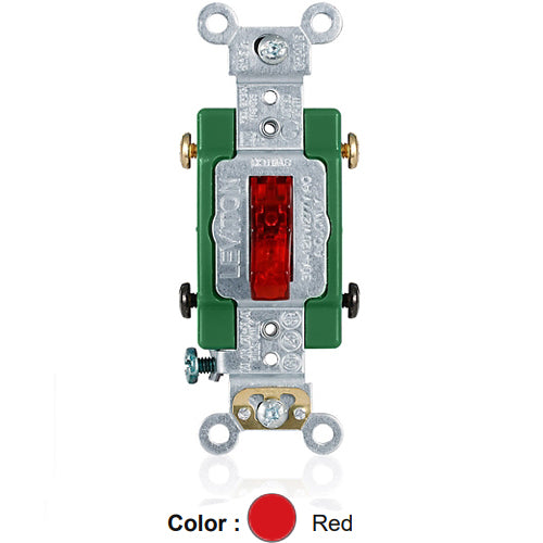Leviton 3032-PLR, Illuminated ON Double Pole AC Quiet Toggle Switch, Pilot Light, Requires a Neutral Wire, Industrial Grade, 30A 120V AC, Self Grounding, Back & Side Wired, Red