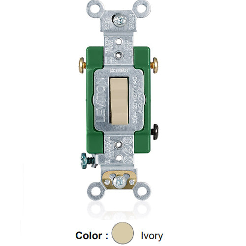 Leviton 3033-2I, Standard 3-Way AC Quiet Toggle Switch, Extra Heavy-Duty Industrial Specification Grade, 30A 120/277V AC, Self Grounding, Back & Side Wired, Ivory