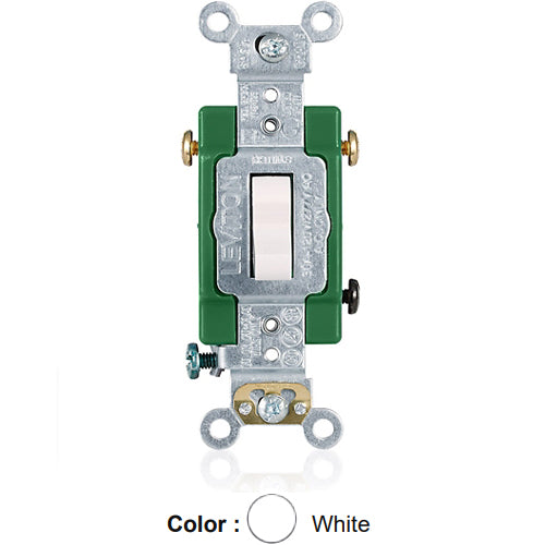 Leviton 3033-2W, Standard 3-Way AC Quiet Toggle Switch, Extra Heavy-Duty Industrial Specification Grade, 30A 120/277V AC, Self Grounding, Back & Side Wired, White