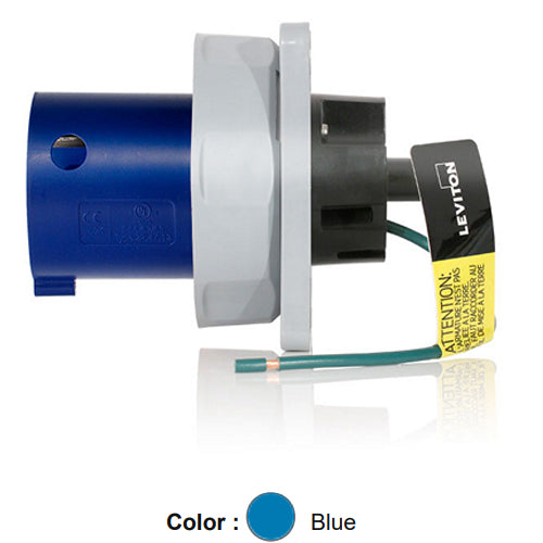 Leviton 460B9WLEV, LEV Series North American-Rated IEC 60309-1 & 60309-2 Pin & Sleeve Inlet, Industrial Grade, 3-Phase, 60/63A 250V, 3-Pole, 4-Wire, IP66/IP67/IP68/IP69K, Watertight, Blue