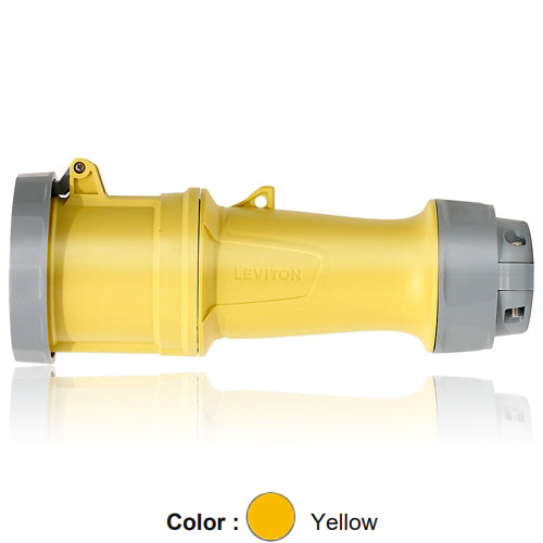 Leviton 3100C4WLEV, LEV Series North American-Rated IEC 60309-1 & 60309-2 Pin & Sleeve Connector, Industrial Grade, 100A 125V, 2-Pole, 3-Wire, IP66/IP67/IP68/IP69K, Watertight, Yellow